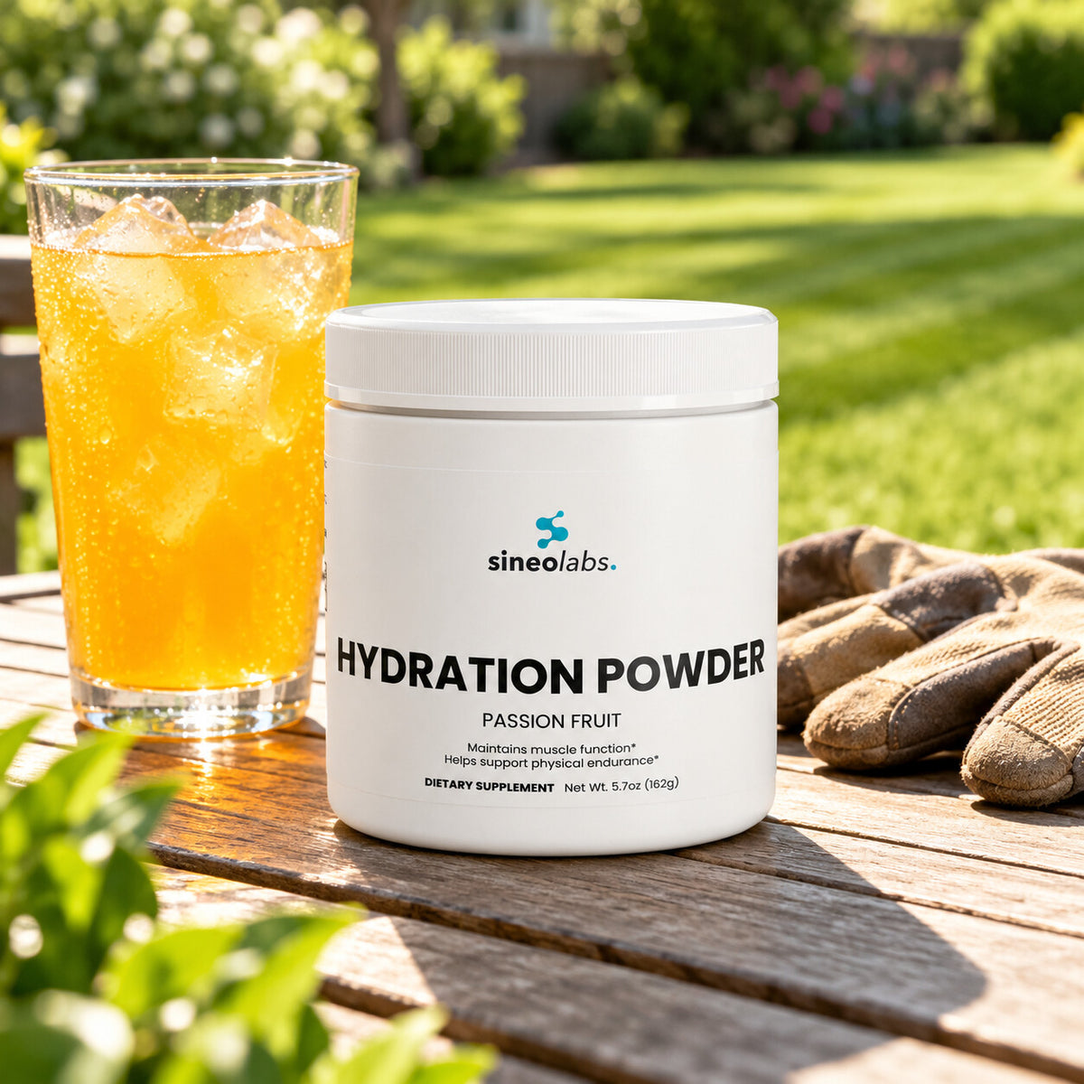 Electrolyte Hydration Powder, Passion Fruit on a garden table in bright summer sun