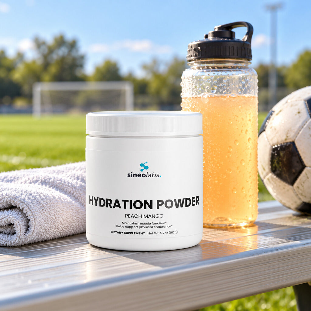 Electrolyte Hydration Powder, Peach Mango on a sideline bench at a sunny soccer field