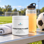Electrolyte Hydration Powder, Peach Mango on a sideline bench at a sunny soccer field