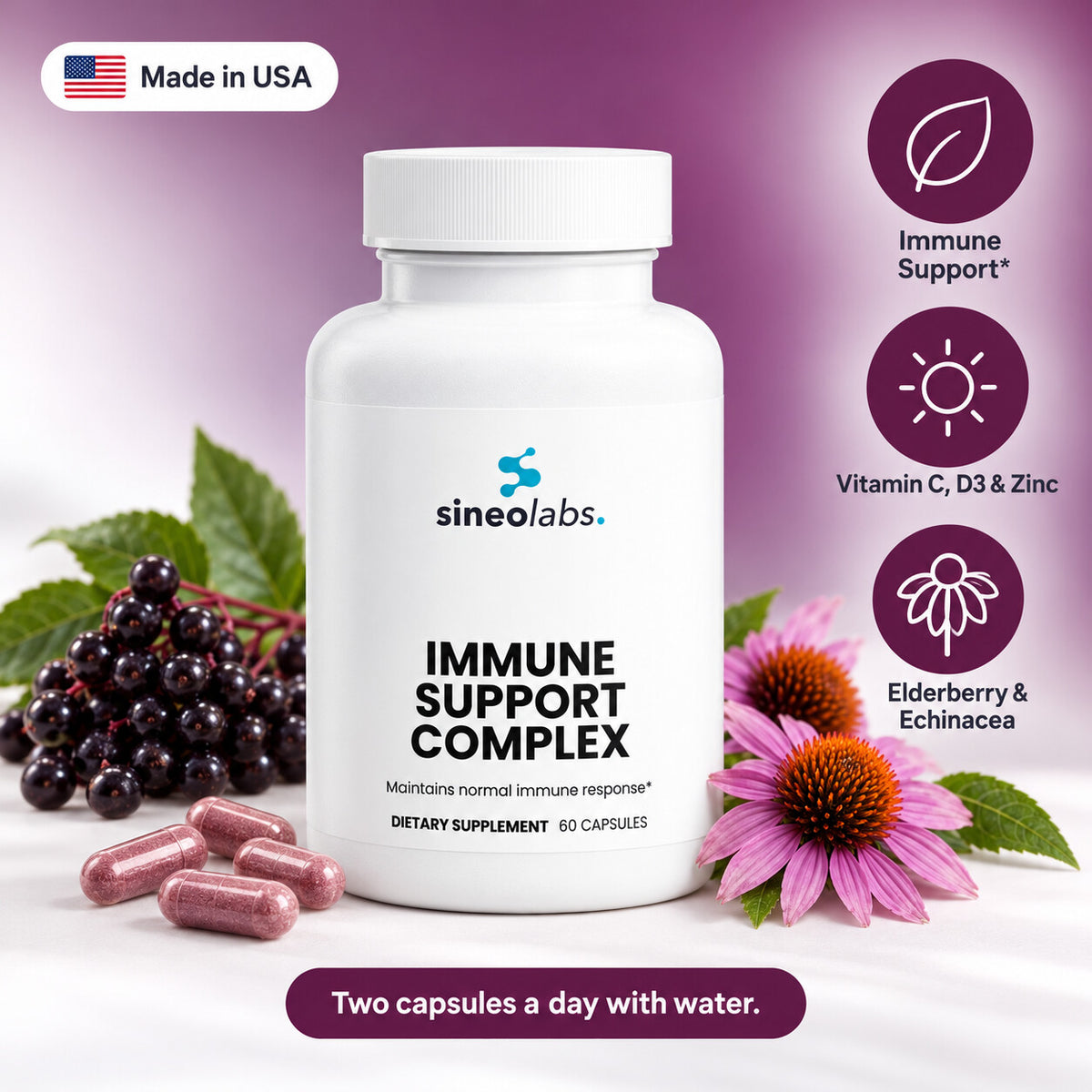 Immune Support Complex with Elderberry & Vitamin C: Immune Support, Vitamin C, D3 & Zinc, Elderberry & Echinacea