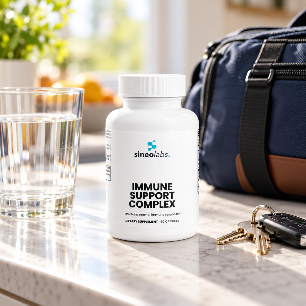 Immune Support Complex with Elderberry & Vitamin C on a tidy kitchen counter in bright morning light beside a glass of water