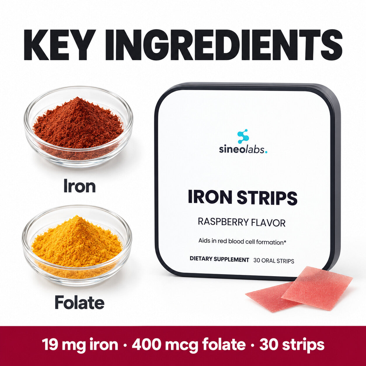 Iron Oral Strips 19mg with Folate 400mcg, Raspberry: Iron, Folate