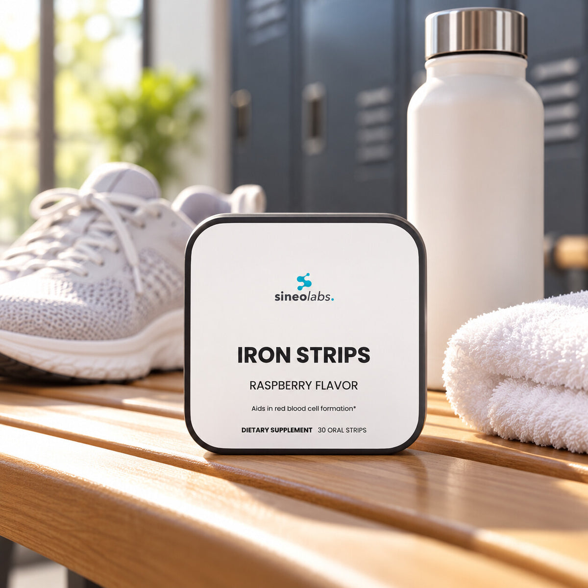 Iron Oral Strips 19mg with Folate 400mcg, Raspberry on a locker room bench in soft morning light