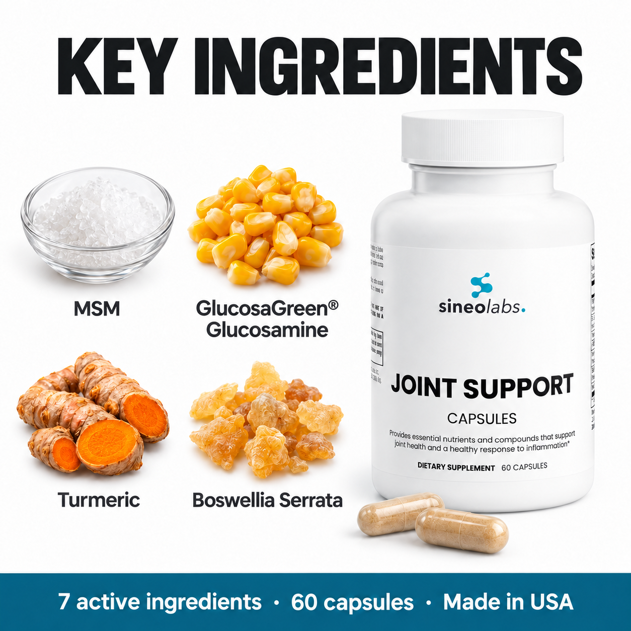 Key ingredients of Joint Support Formula: MSM, GlucosaGreen® Glucosamine, Turmeric, Boswellia Serrata