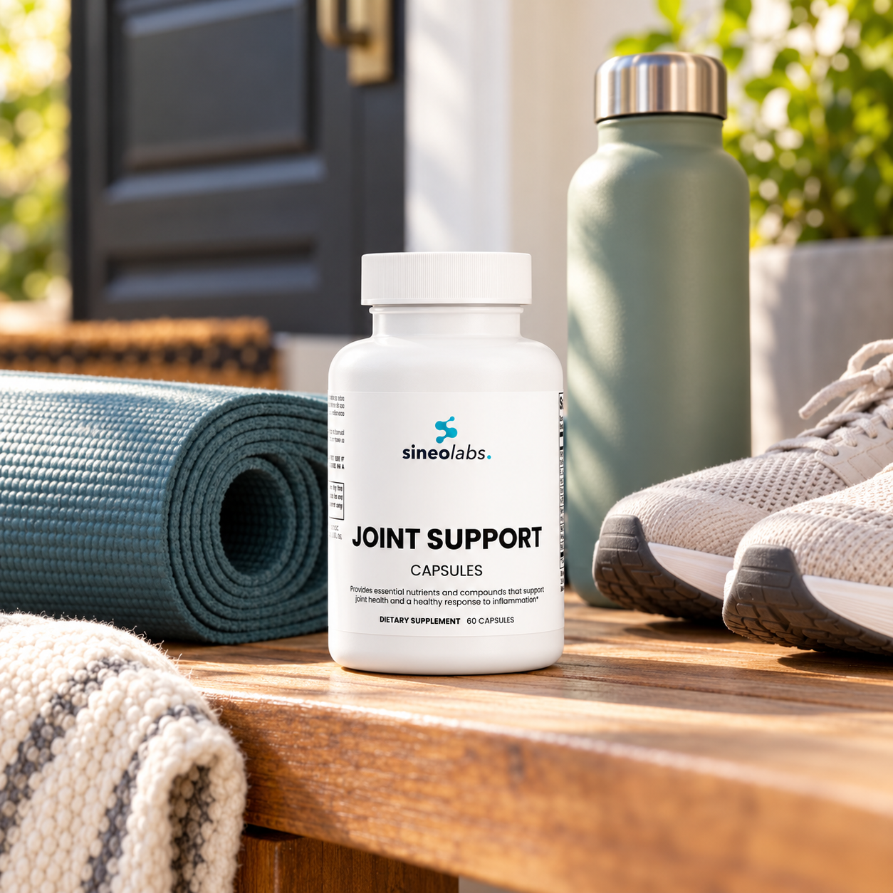 Joint Support Formula on a bench by the door beside a yoga mat and walking shoes