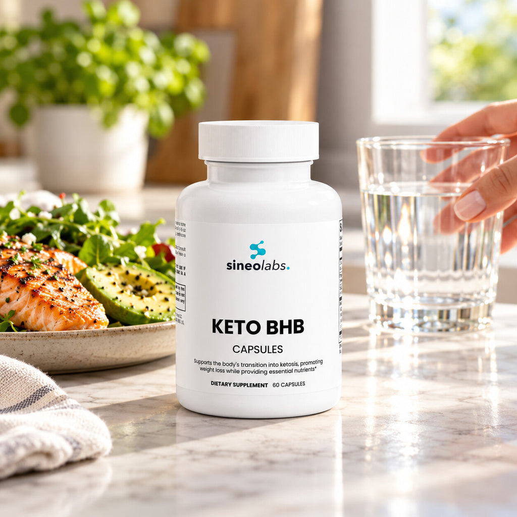 Keto BHB Capsules with MCT on a kitchen counter in bright afternoon light beside a low-carb lunch of salmon