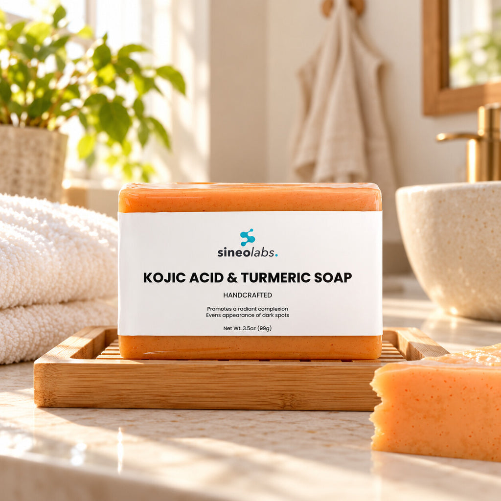 Kojic Acid & Turmeric Soap Bar with Shea Butter on a wooden soap dish in a sunny bathroom in warm morning light