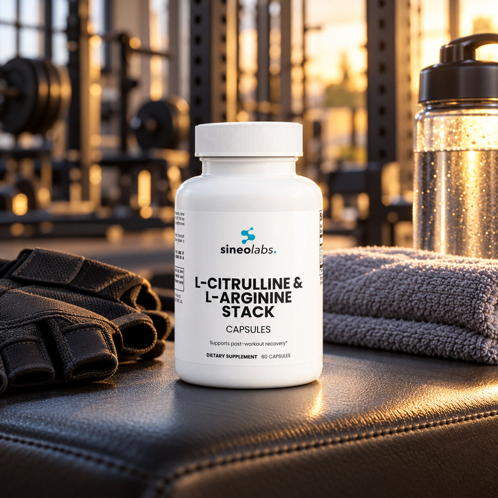 L-Citrulline & L-Arginine Stack Capsules on a gym bench in warm evening light