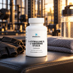 L-Citrulline & L-Arginine Stack Capsules on a gym bench in warm evening light