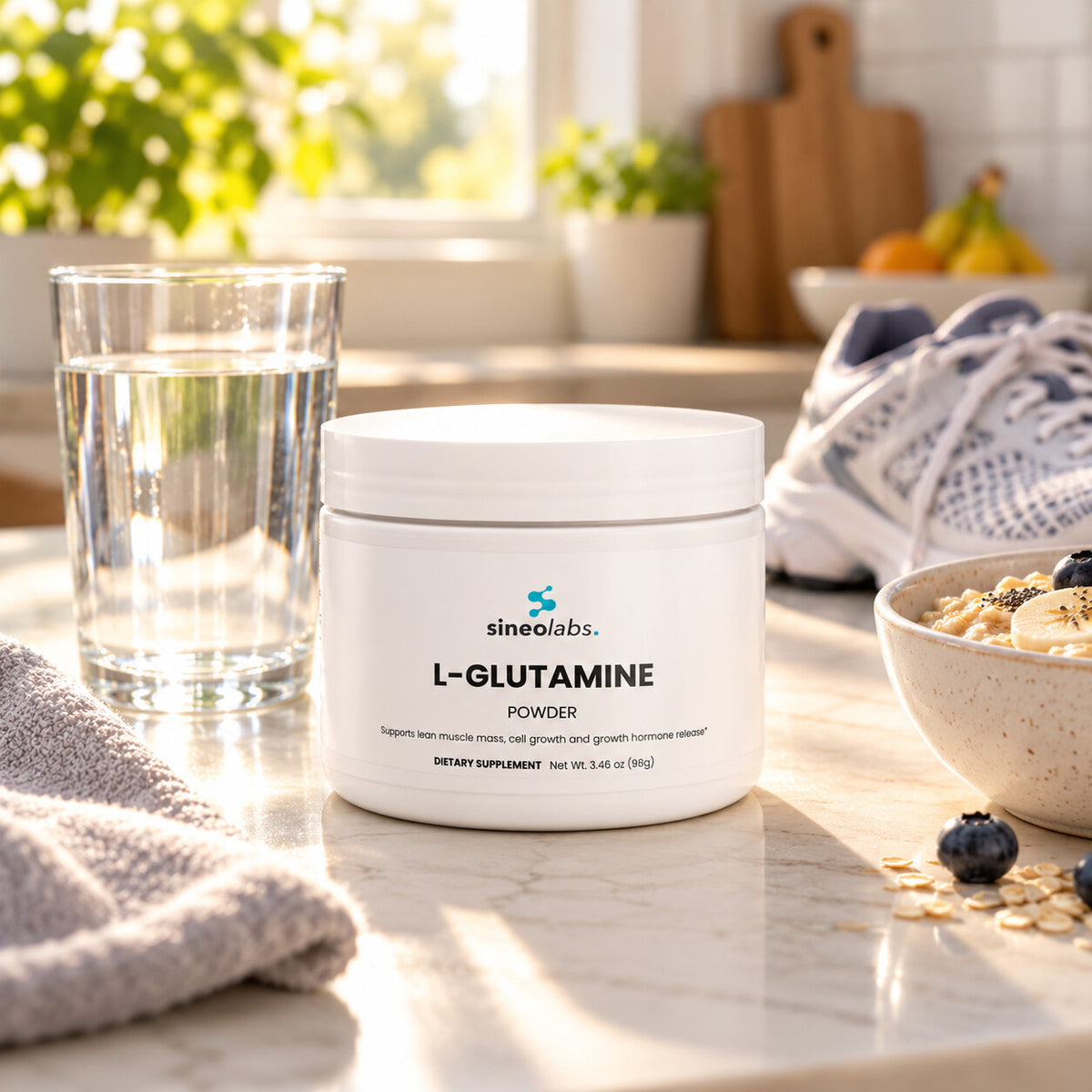 L-Glutamine Powder, 3.15g per Scoop on a sunny kitchen counter after a morning run