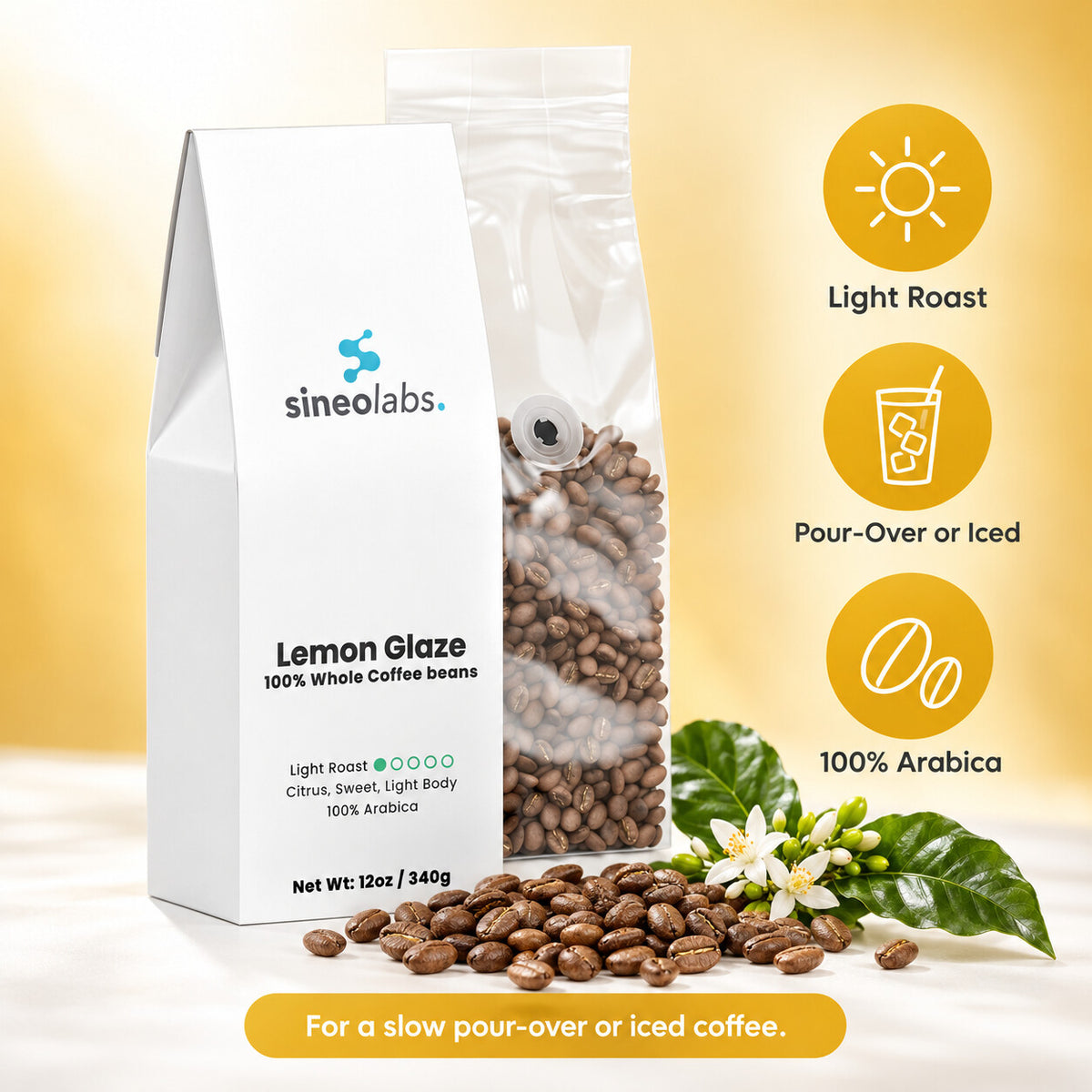 Lemon Glaze Light Roast Coffee, Whole Bean 12oz: Light Roast, Pour-Over or Iced, 100% Arabica