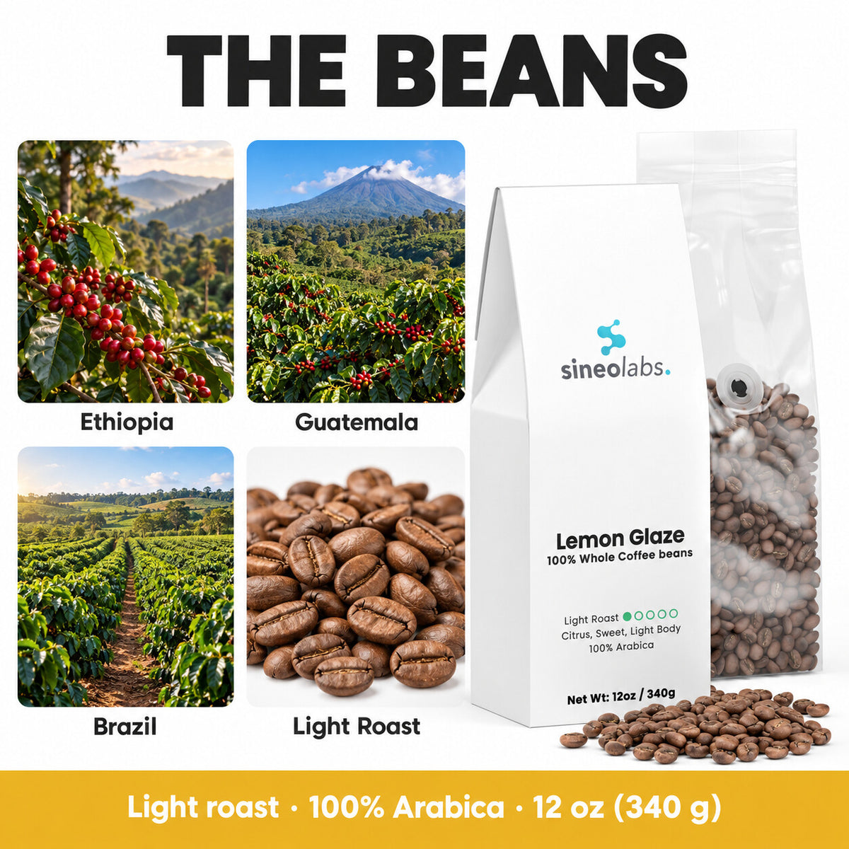 Lemon Glaze Light Roast Coffee, Whole Bean 12oz: Ethiopia, Guatemala, Brazil, Light Roast