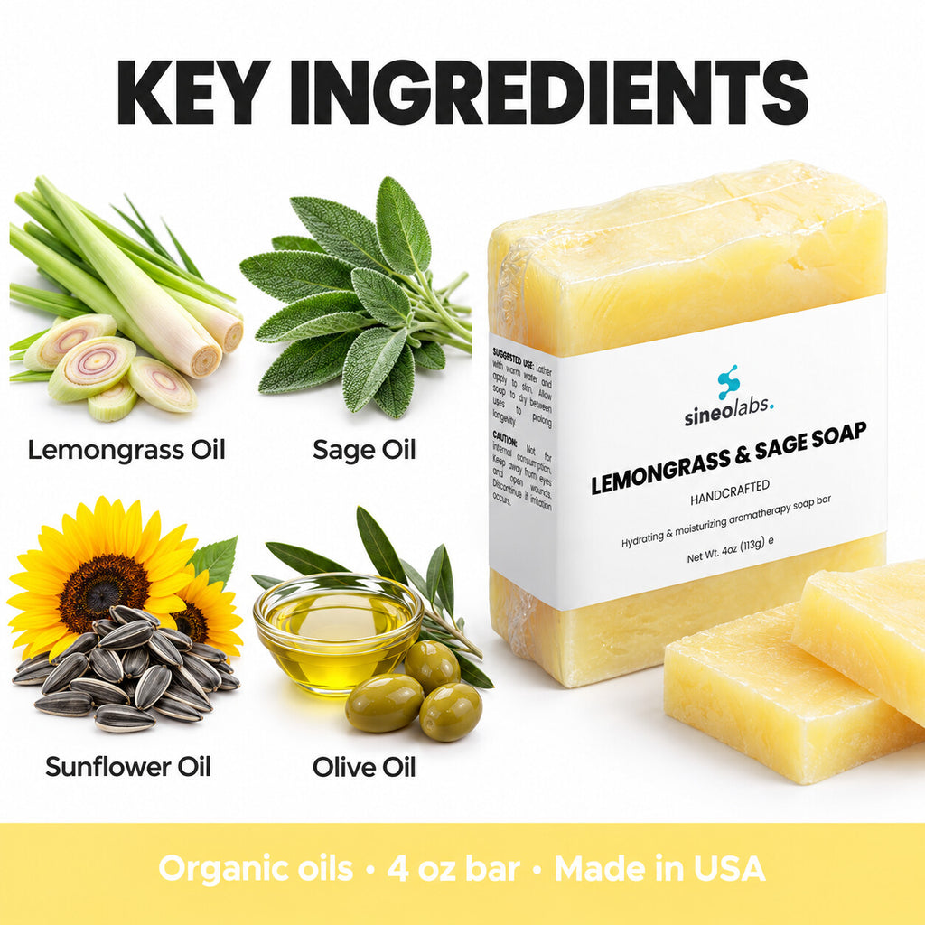 Lemongrass & Sage Soap Bar with Organic Olive Oil: Lemongrass Oil, Sage Oil, Sunflower Oil, Olive Oil