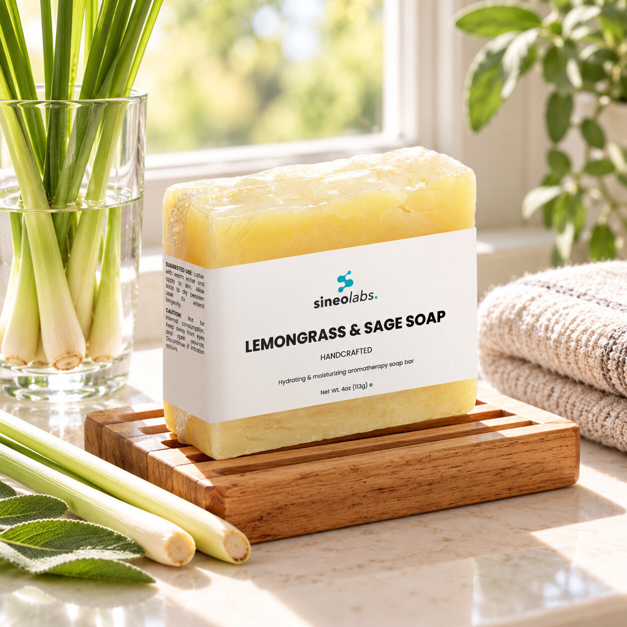 Lemongrass & Sage Soap Bar with Organic Olive Oil on a wooden soap dish on a sunny bathroom windowsill in bright morning light