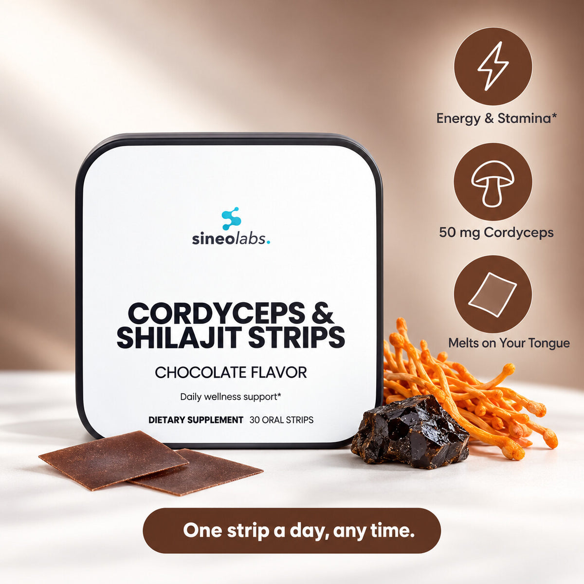 Cordyceps & Shilajit Oral Strips, Chocolate: Energy & Stamina, 50 mg Cordyceps, Melts on Your Tongue