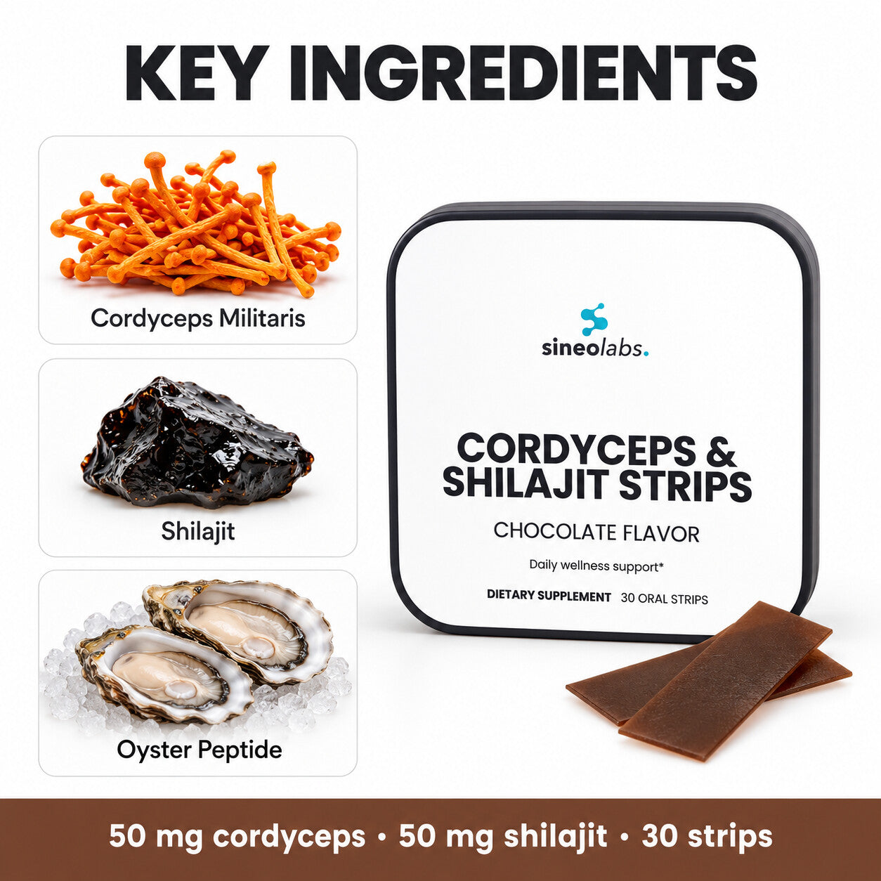 Cordyceps & Shilajit Oral Strips, Chocolate: Cordyceps Militaris, Shilajit, Oyster Peptide