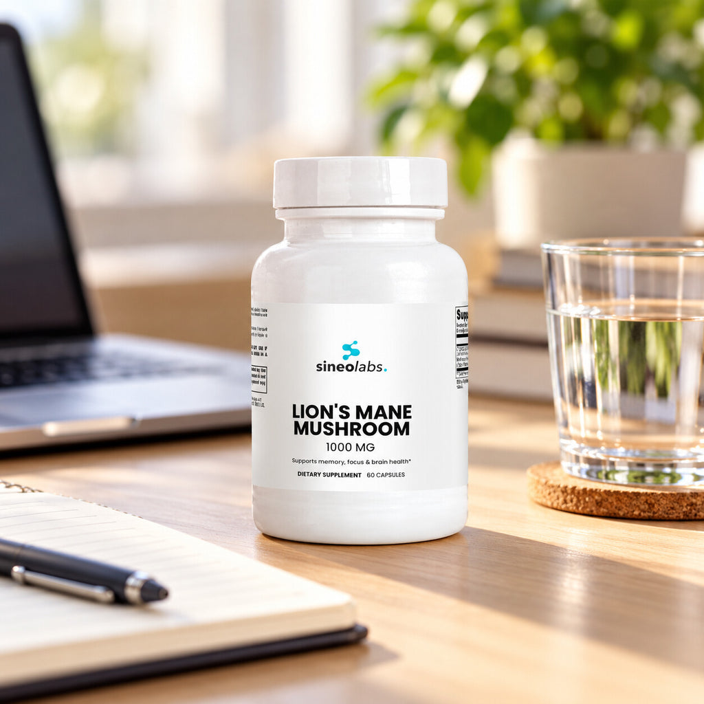 Organic Lion's Mane Mushroom Capsules 1,000mg on a tidy desk in soft afternoon light