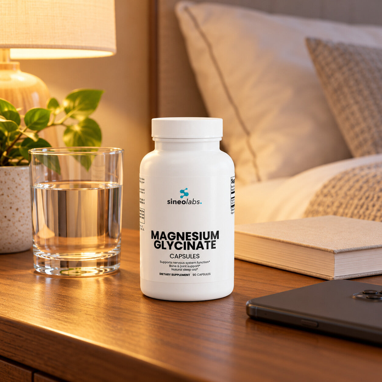 Magnesium Glycinate on a wooden nightstand in soft warm lamp light beside a glass of water