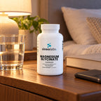 Magnesium Glycinate on a wooden nightstand in soft warm lamp light beside a glass of water