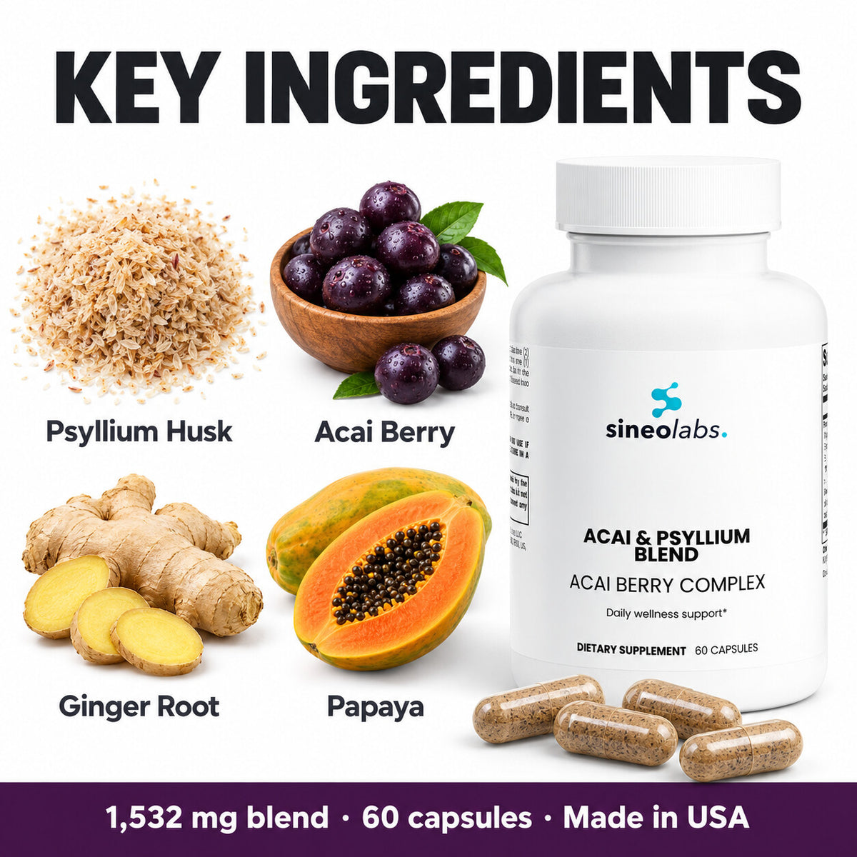 Acai & Psyllium Blend Capsules: Psyllium Husk, Acai Berry, Ginger Root, Papaya