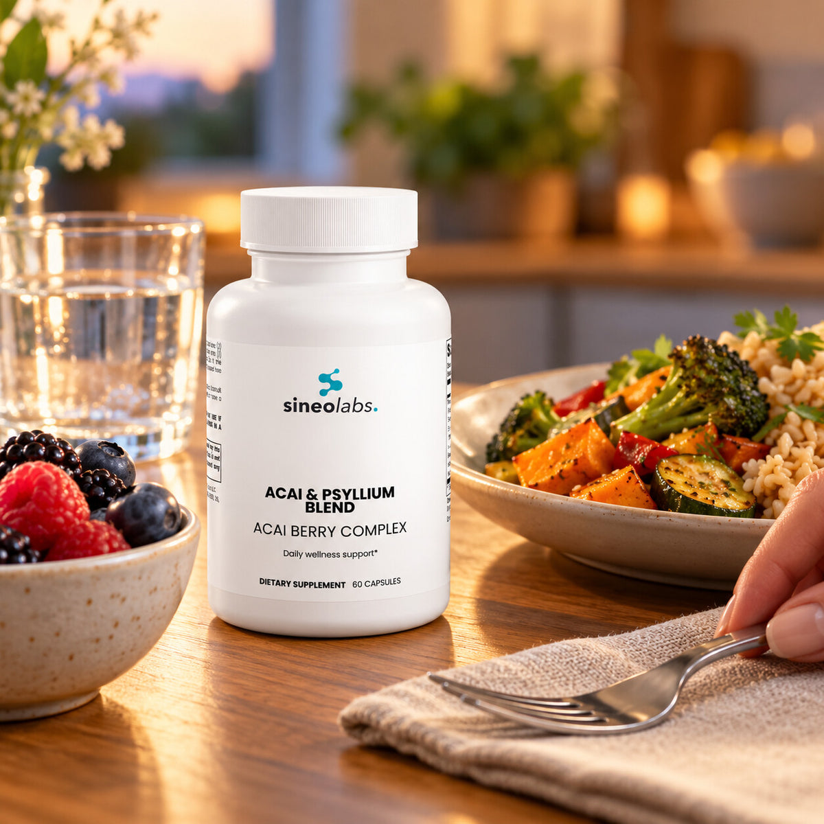 Acai & Psyllium Blend Capsules on a kitchen table in soft evening light beside a plate of roasted vegetables and brown rice