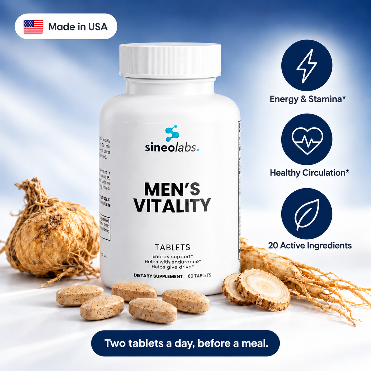 Men's Vitality Formula: Energy & Stamina, Healthy Circulation, 20 Active Ingredients