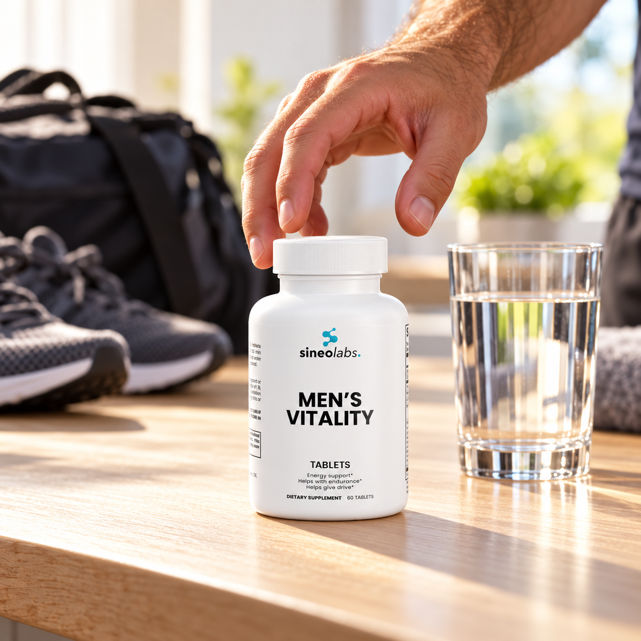 Men's Vitality Formula on a kitchen counter in morning light, a hand reaching for it