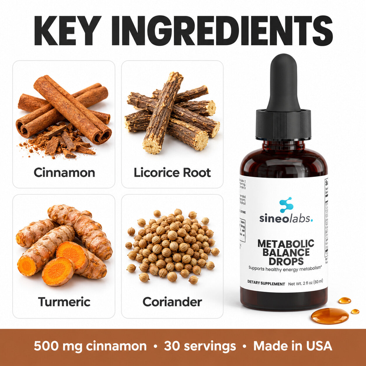 Metabolic Balance Drops with Cinnamon & Turmeric: Cinnamon, Licorice Root, Turmeric, Coriander
