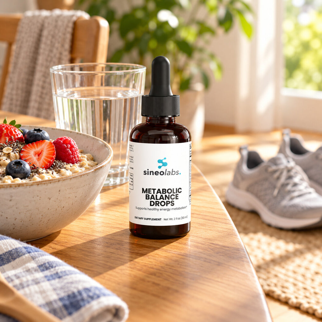 Metabolic Balance Drops with Cinnamon & Turmeric on a breakfast table in soft morning light