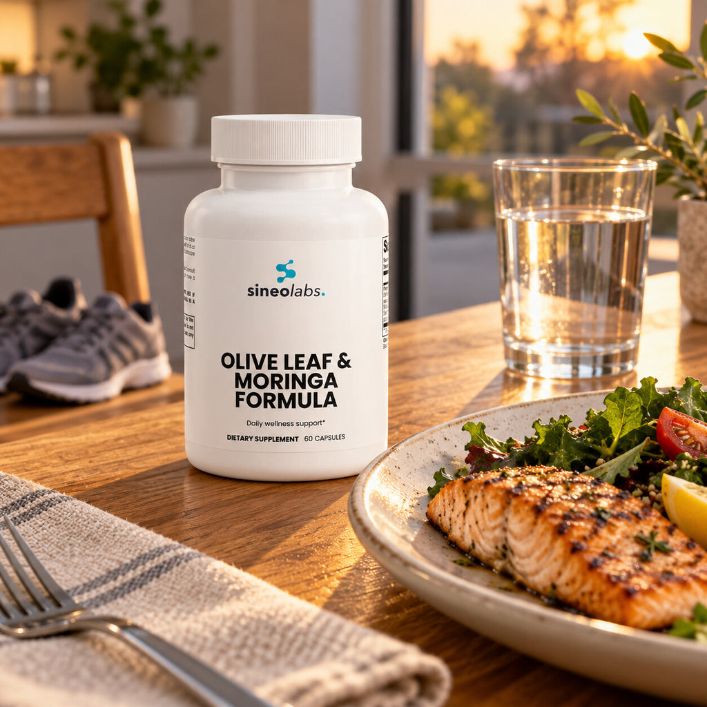 Olive Leaf & Moringa Formula with Holy Basil on a kitchen table in soft evening light
