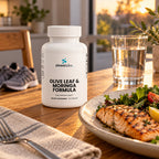 Olive Leaf & Moringa Formula with Holy Basil on a kitchen table in soft evening light