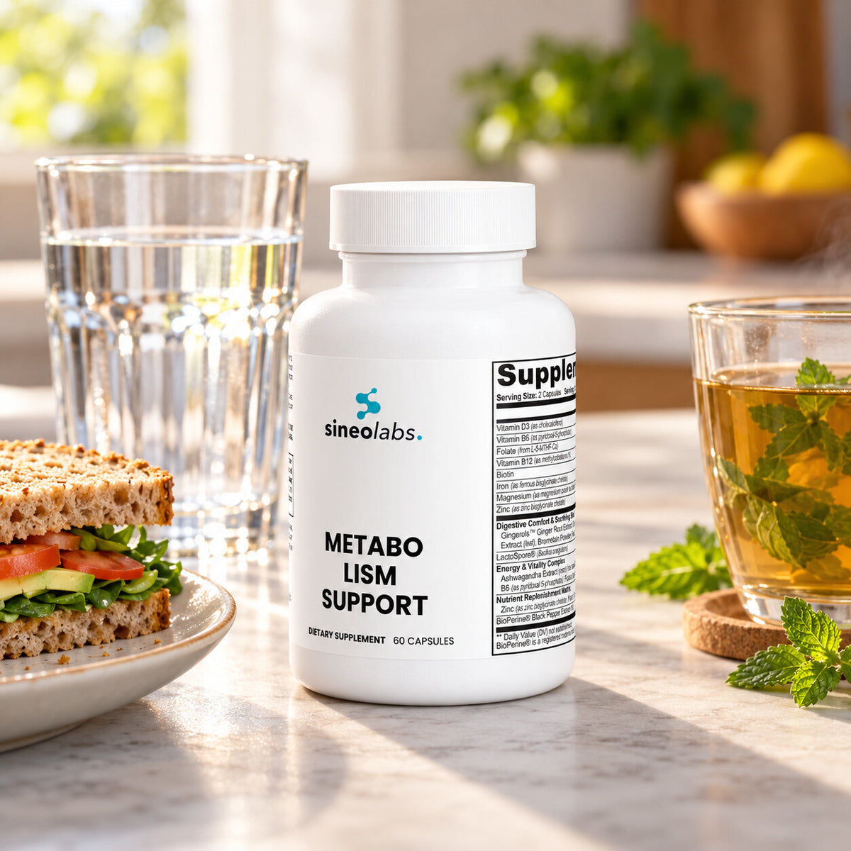 Metabolism Support with Probiotics & Enzymes on a kitchen table in soft afternoon light beside a small plate with half a sandwich