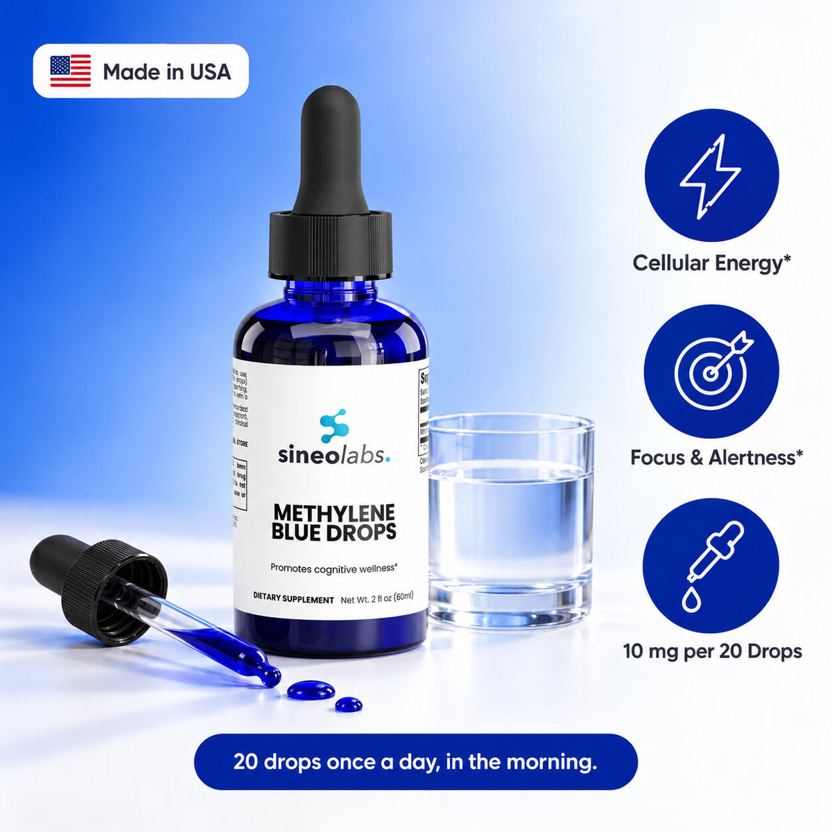 Methylene Blue Drops 10mg, 2 fl oz: Cellular Energy, Focus & Alertness, 10 mg per 20 Drops