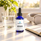Methylene Blue Drops 10mg, 2 fl oz on a white desk in bright morning light