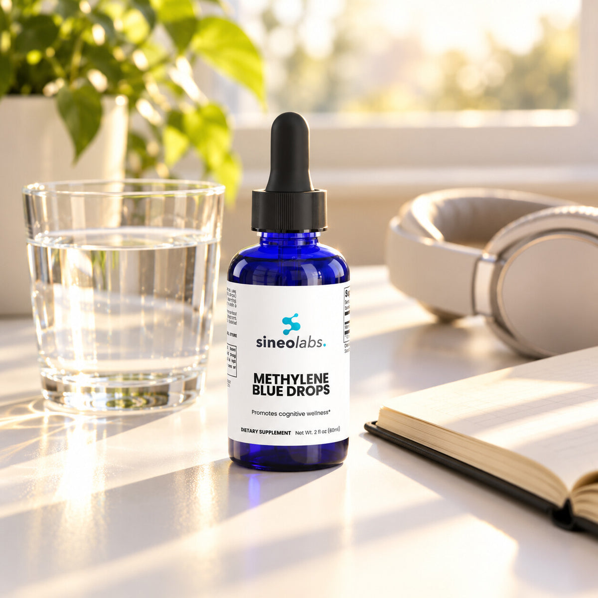 Methylene Blue Drops 10mg, 2 fl oz on a white desk in bright morning light