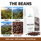 Molten Caramel Dark Roast Coffee, Whole Bean 12oz: Brazil, Mexico, Guatemala, Dark Roast