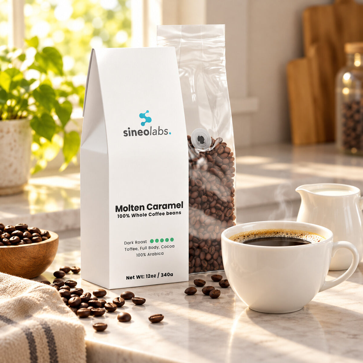 Molten Caramel Dark Roast Coffee, Whole Bean 12oz on a kitchen counter beside a white cup of dark coffee with a thin golden crema and a small milk jug