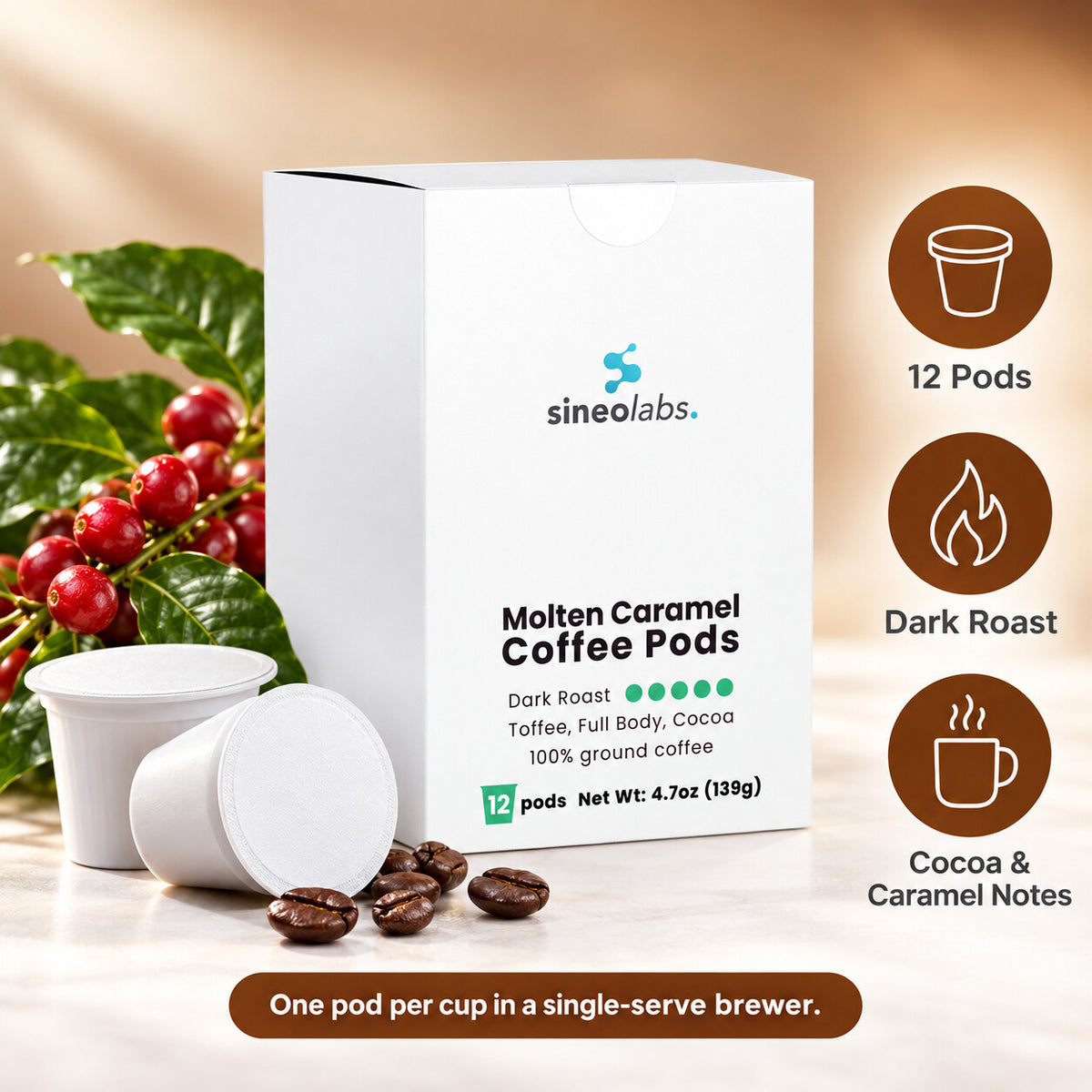 Molten Caramel Dark Roast Single-Serve Coffee Pods: 12 Pods, Dark Roast, Cocoa & Caramel Notes