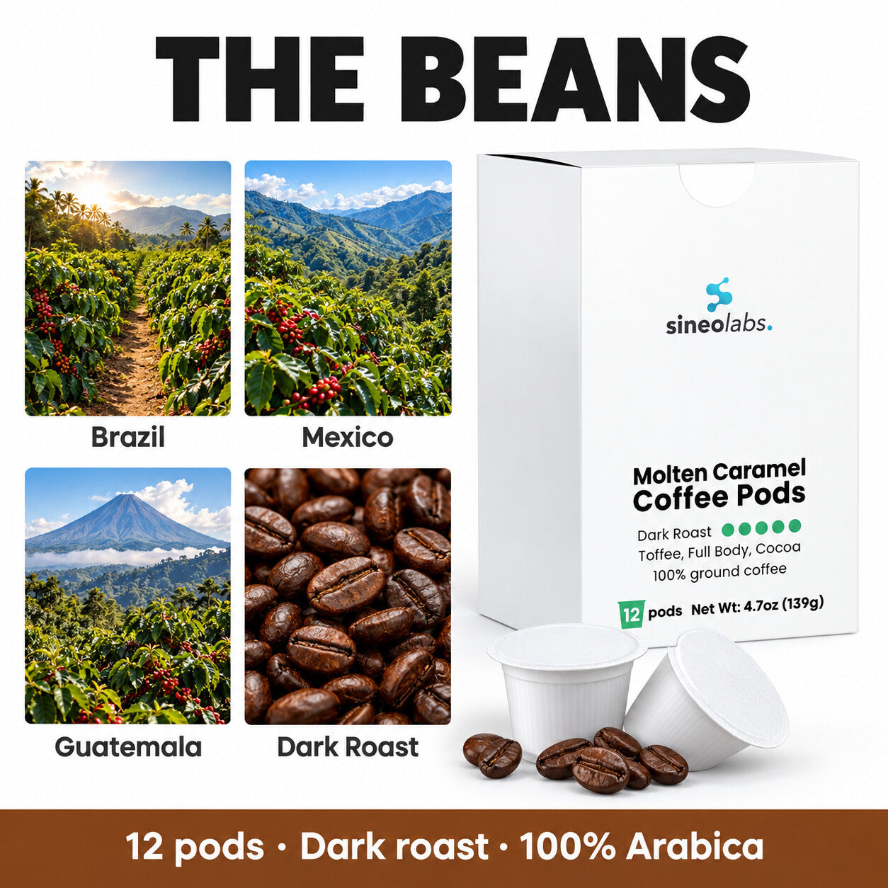 Molten Caramel Dark Roast Single-Serve Coffee Pods: Brazil, Mexico, Guatemala, Dark Roast