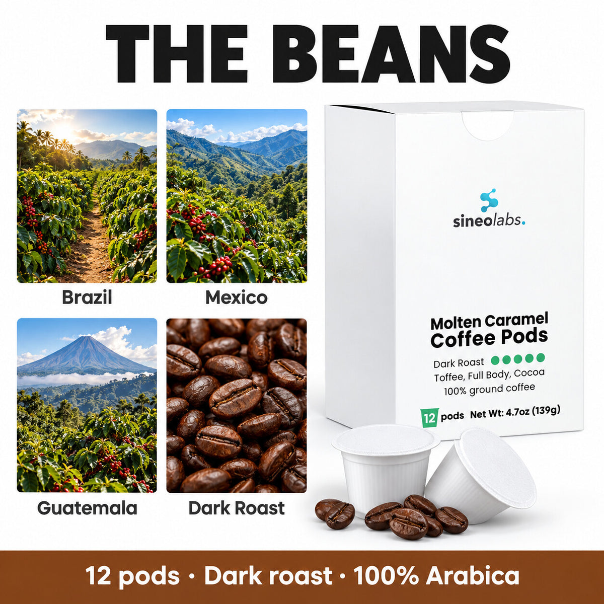 Molten Caramel Dark Roast Single-Serve Coffee Pods: Brazil, Mexico, Guatemala, Dark Roast