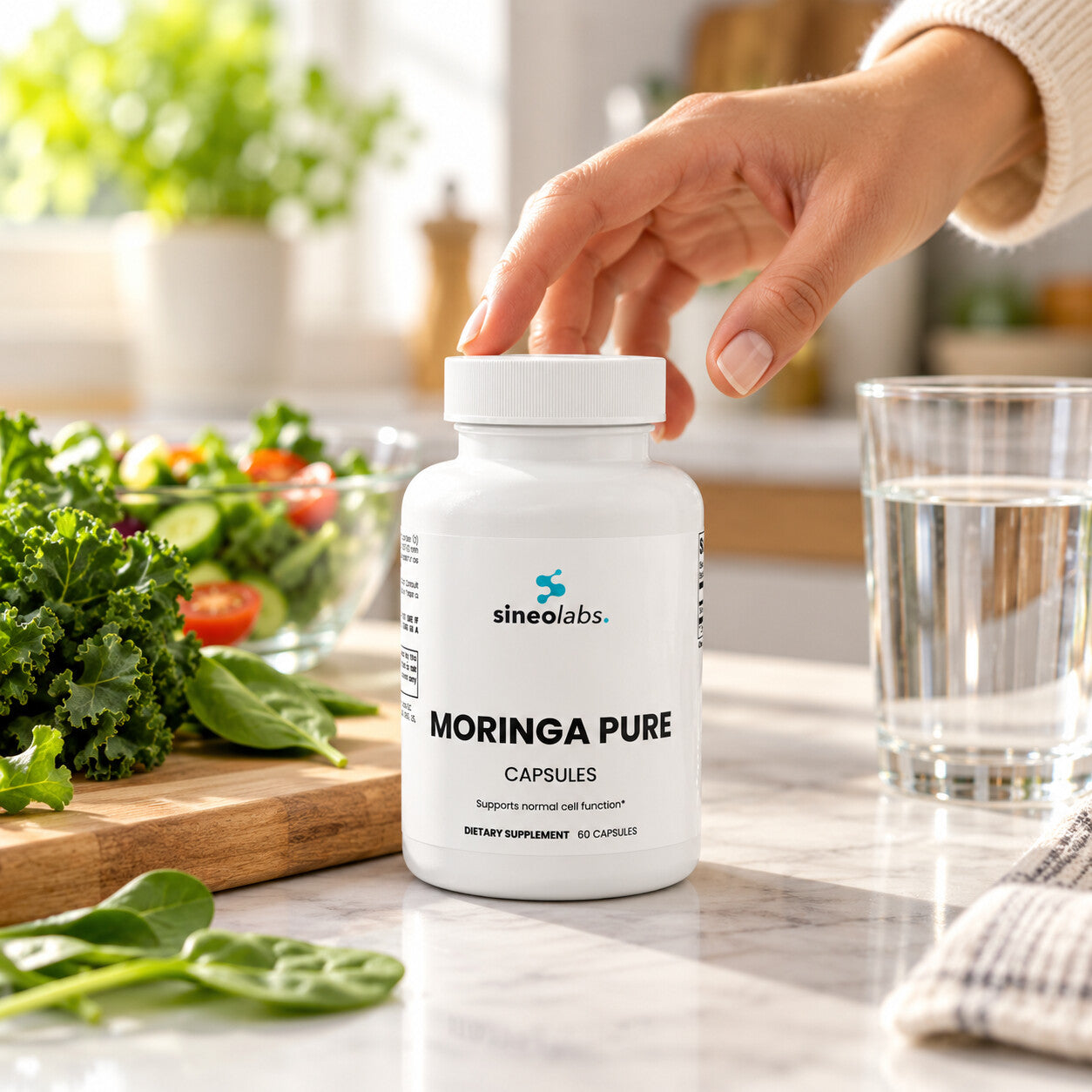 Moringa Pure Leaf Capsules 800mg, 60 Count on a bright kitchen counter in morning light beside a cutting board of fresh greens