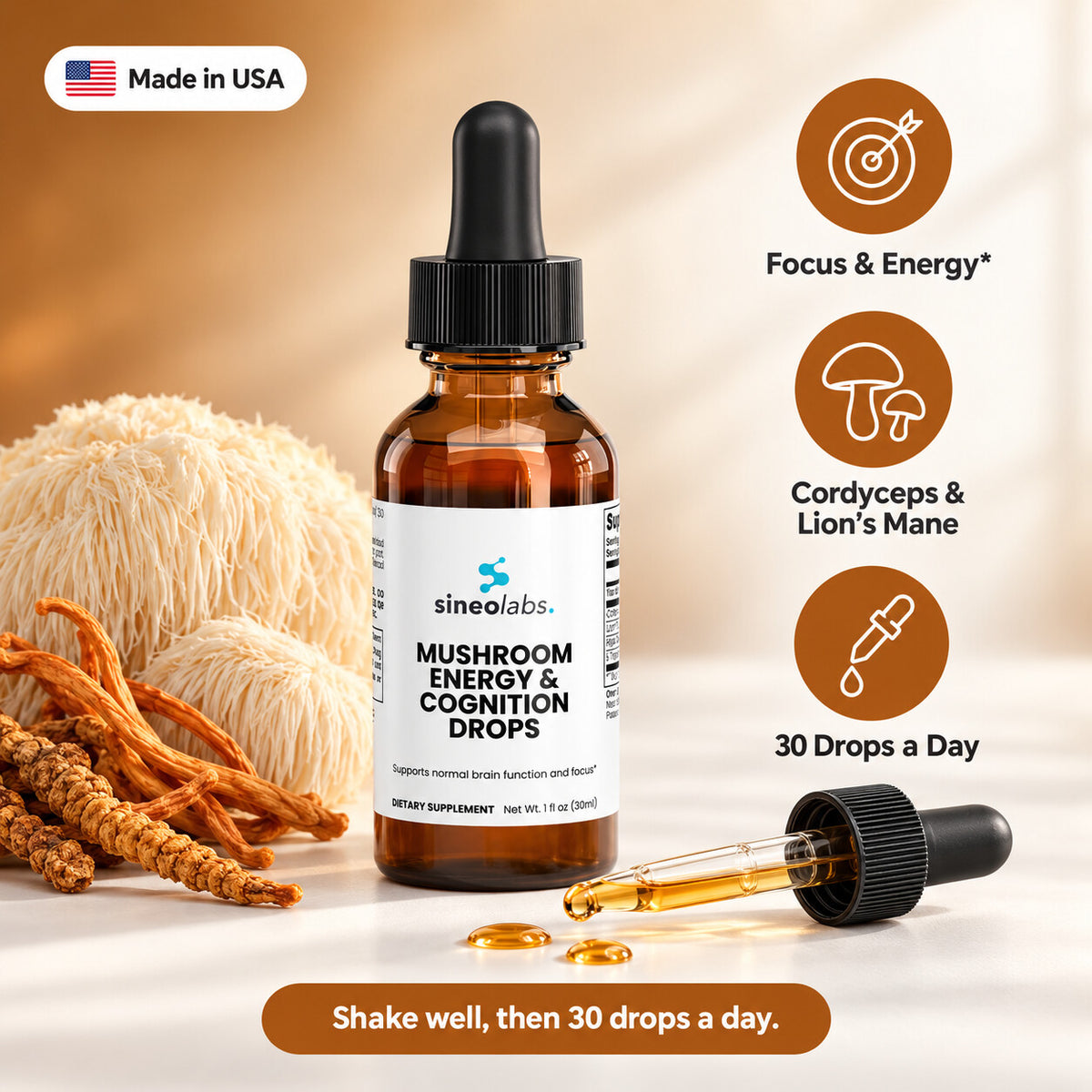 Mushroom Energy & Cognition Drops, Lion's Mane: Focus & Energy, Cordyceps & Lion’s Mane, 30 Drops a Day