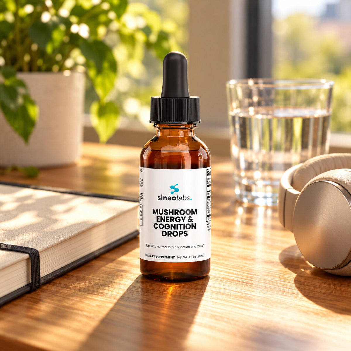 Mushroom Energy & Cognition Drops, Lion's Mane on a sunny wooden desk in warm afternoon light