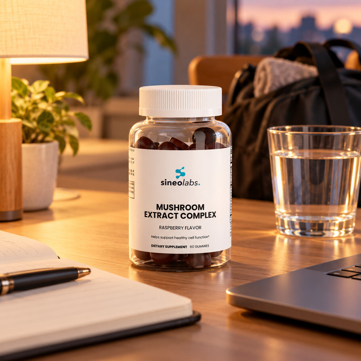 Mushroom Extract Complex Gummies, Raspberry on a desk in soft evening lamp light beside an open notebook