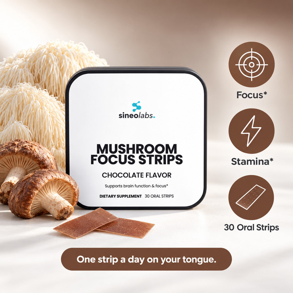 Mushroom Focus Strips with Lion's Mane, Chocolate: Focus, Stamina, 30 Oral Strips