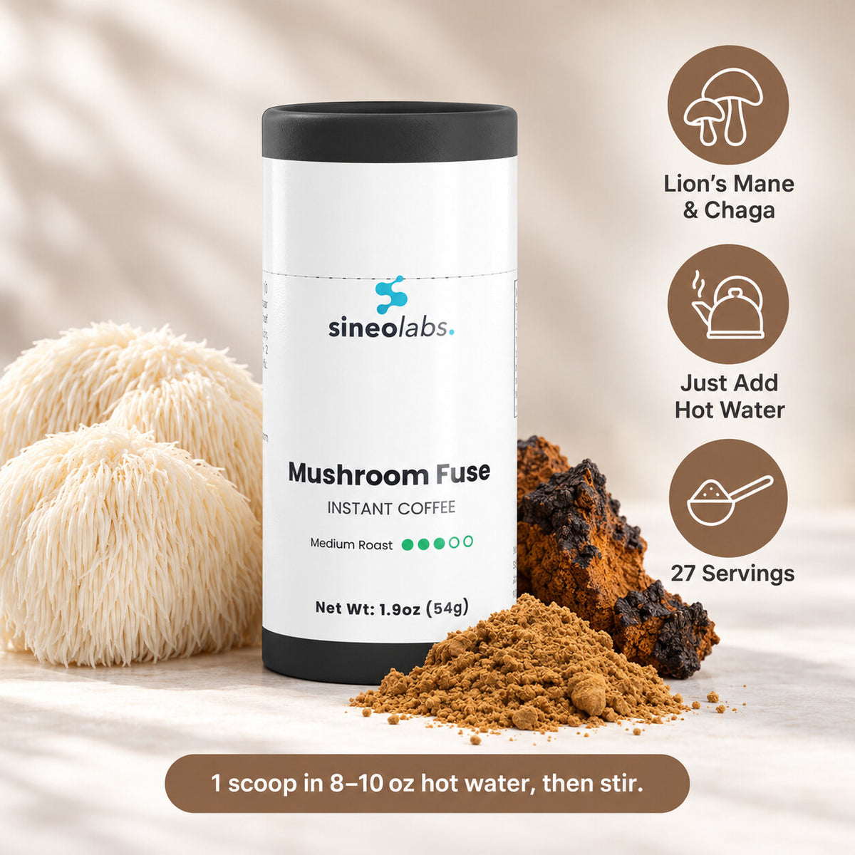 Mushroom Fuse Instant Coffee with Lion's Mane: Lion’s Mane & Chaga, Just Add Hot Water, 27 Servings