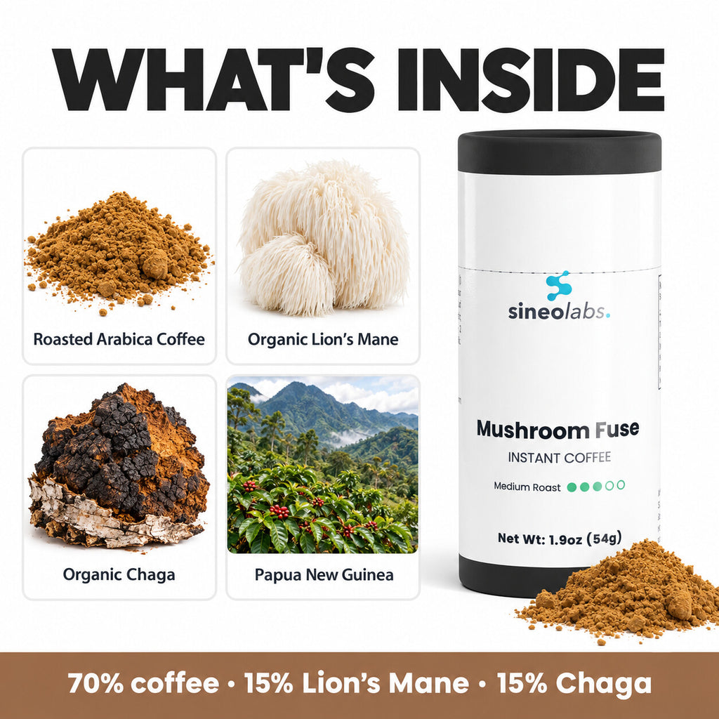 Mushroom Fuse Instant Coffee with Lion's Mane: Roasted Arabica Coffee, Organic Lion’s Mane, Organic Chaga, Papua New Guinea