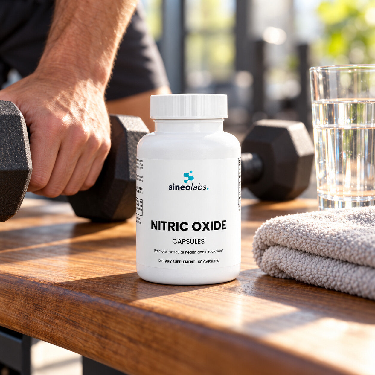 Nitric Oxide Capsules, L-Citrulline & L-Arginine on a wooden gym bench in bright morning light beside a pair of dumbbells