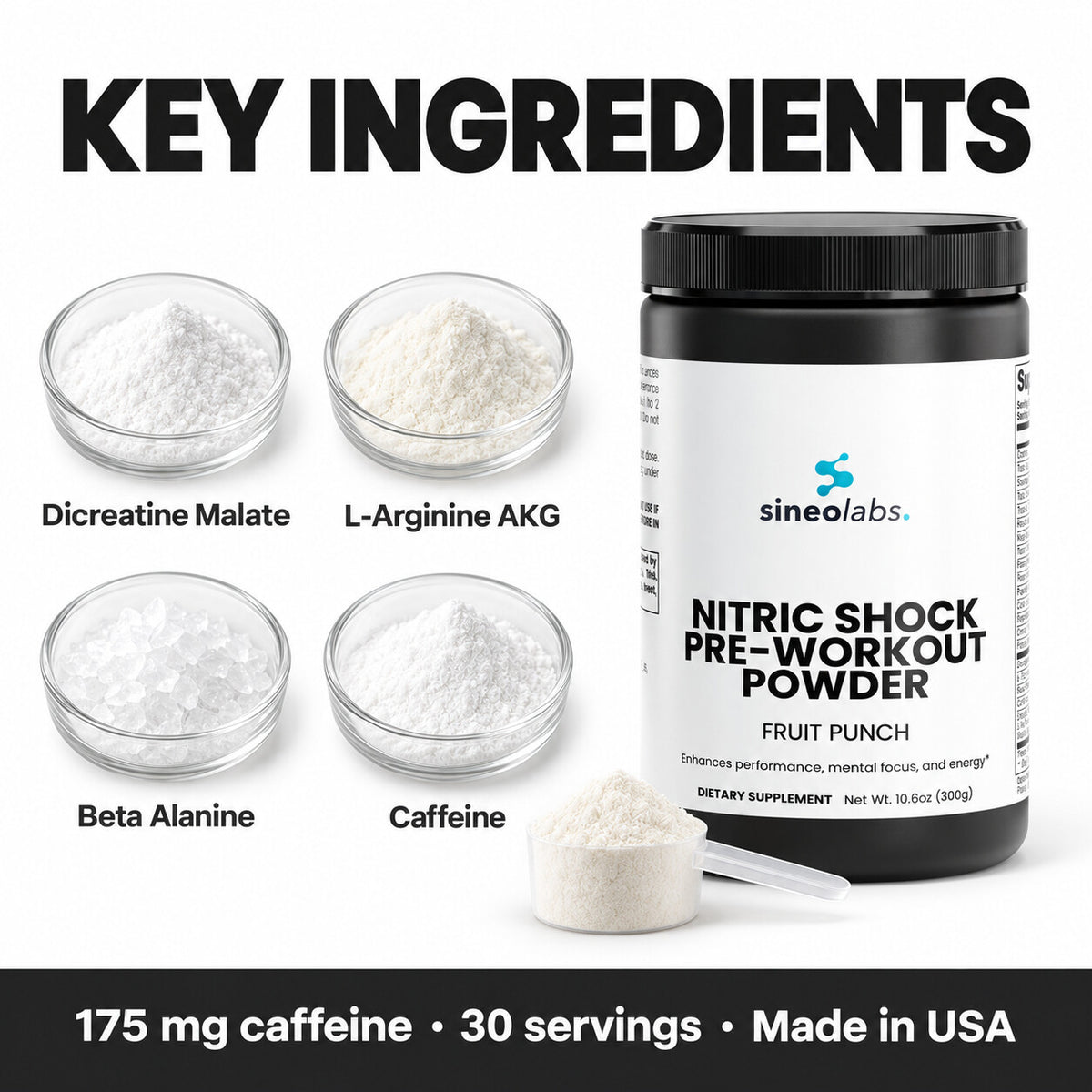 Nitric Shock Pre-Workout, 175mg Caffeine, Fruit Punch: Dicreatine Malate, L-Arginine AKG, Beta Alanine, Caffeine