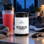 Nitric Shock Pre-Workout, 175mg Caffeine, Fruit Punch on a kitchen counter at dawn in soft blue light